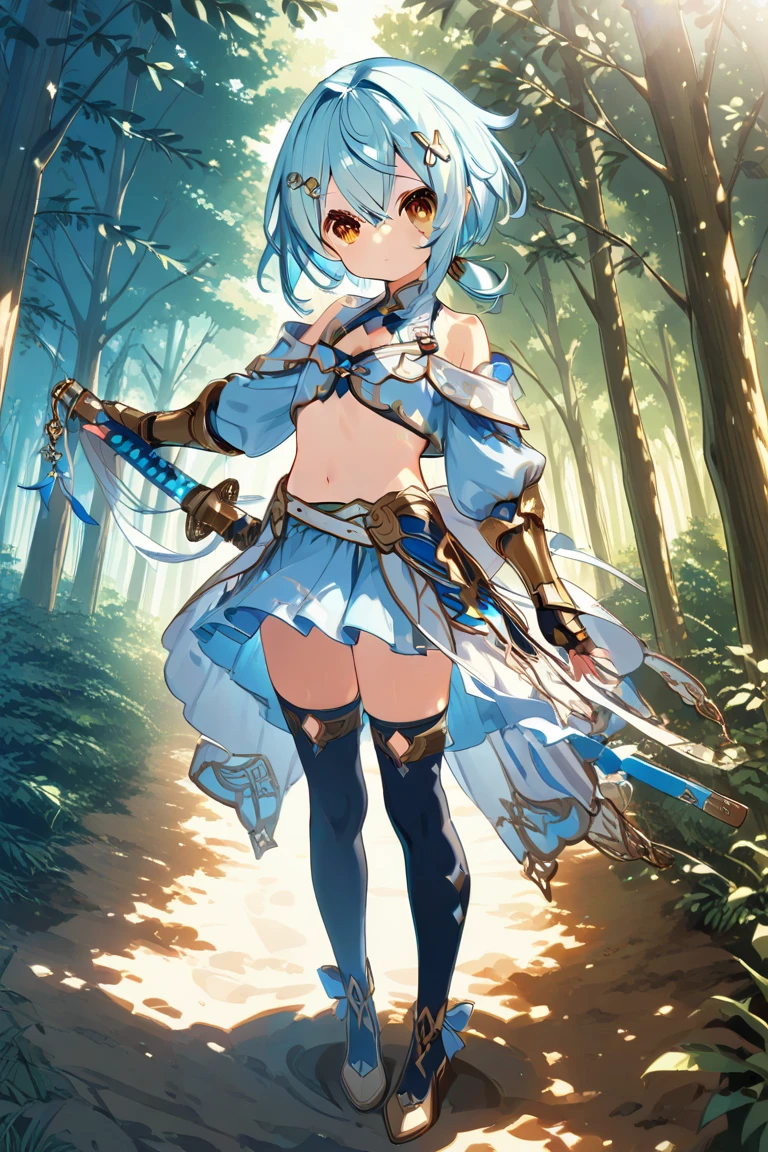 anime style、1 very young girl、、s、full body image、flat chest、light blue hair、short hair、low ponytail、Long bangs only on the right、Separate your bangs on your right side、7:3 splits、big eyes、Golden Eyes、bare shoulder、cropped tops、culotte skirt、black high thigh socks、X shaped hair clip、Katana、gauntlet、forest、、masterpiece、Top Quality、4K、8K、16K、Super detailed、 extreme detail expression