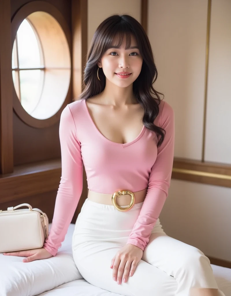 Alafed asian woman in red sweater and white bra, one woman, teasing smile, shy smile,, ayaka, seductive smile, soft smile, full body photo,