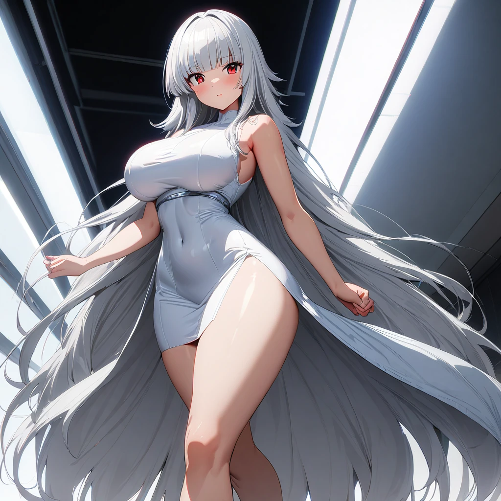Beauty，Long hair。Beautiful face，big eyes，Double eyelids，Long eyelashes。Perfect body。White and tender skin。Full breasts，Thin waist。Hips，Long legs。Loose shirt，Plump thighs exposed。Back to the audience。