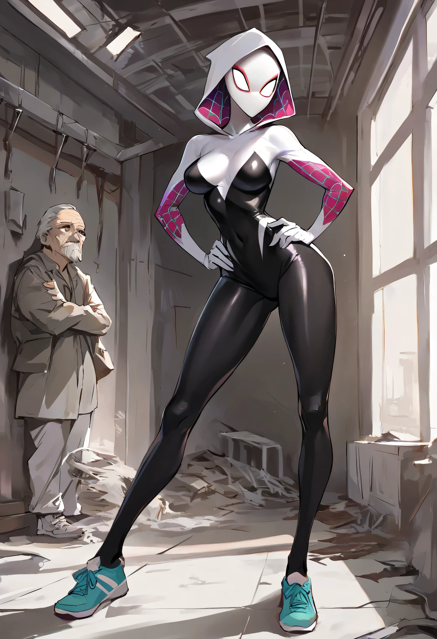 Masterpiece , best quality , Masterpiece , best quality , Spider Gwen , mask , body suit , skinny body , abdomen , big breasts , hands on hips.. , long legs , sneakers , 1 man , old man , huge , abandoned factory ,