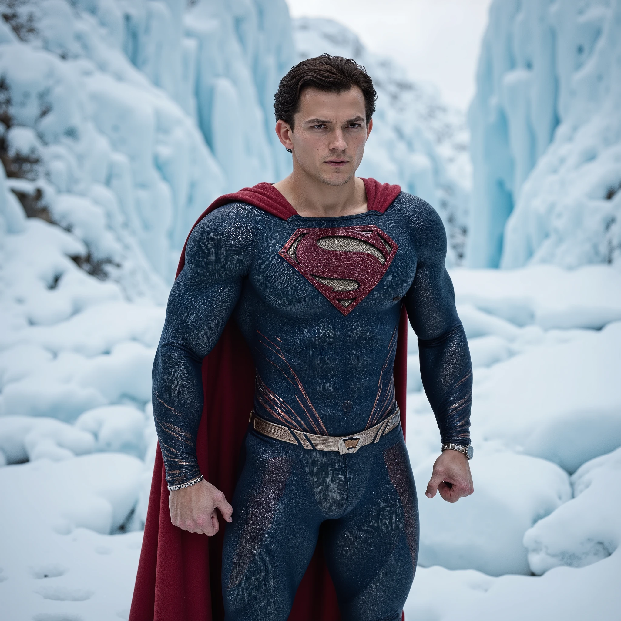 {masterpiece, best quality, Score_9, Score_8_up, Score_7_up, Score_6_up, Score_5_up, Exceptional Quality, Mirror-like, Cinematic Experience, Ultra-high resolution, Very detailed, 8k, from above}, {tom holland as superman:2.0, tom holland Wearing a Superman suit., solo, he is Super muscular, and he have Muscular Chest and Muscular Broad shoulders and Toned abdomen with prominent muscler abdominal, Elegant body., his muscle is anatomically correct., His muscles are so well defined you can see them even through his suit}, frost world, snow field, dynamic angle, fists on hip