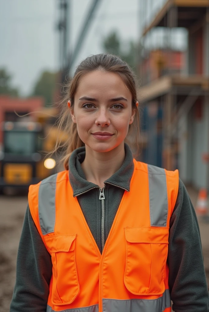 (medium full shot) of (tough construction worker) young woman, normal build, long hazel pigtails hair, british, tan skin, green eyes, wearing a construction helmet, green insulated jacket, waterproof overalls, loafers with sturdy design, safety harness, safety vest holding a utility knife, set in __cof-location/place/location/outdoor-site__ , during sunrise, woman smiling, ,Masterpiece,best quality, raw photo, realistic, very aesthetic