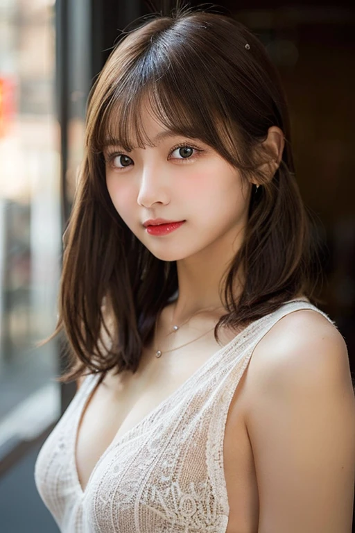 masutepiece, Best Quality, Illustration, Ultra-detailed, finely detail, hight resolution, 8K Wallpaper, Perfect dynamic composition, Beautiful detailed eyes, doress,Medium Hair, mid-chest, Natural Color Lip, Random and sexy poses,Smile,Aoyama Street Walk、20 years girl、Colossal 、Too much exposure、No shoulder knitwear(shuicolor)、Exposing the chest、Slid、Choker with chain, Large Breasts, Slim body,