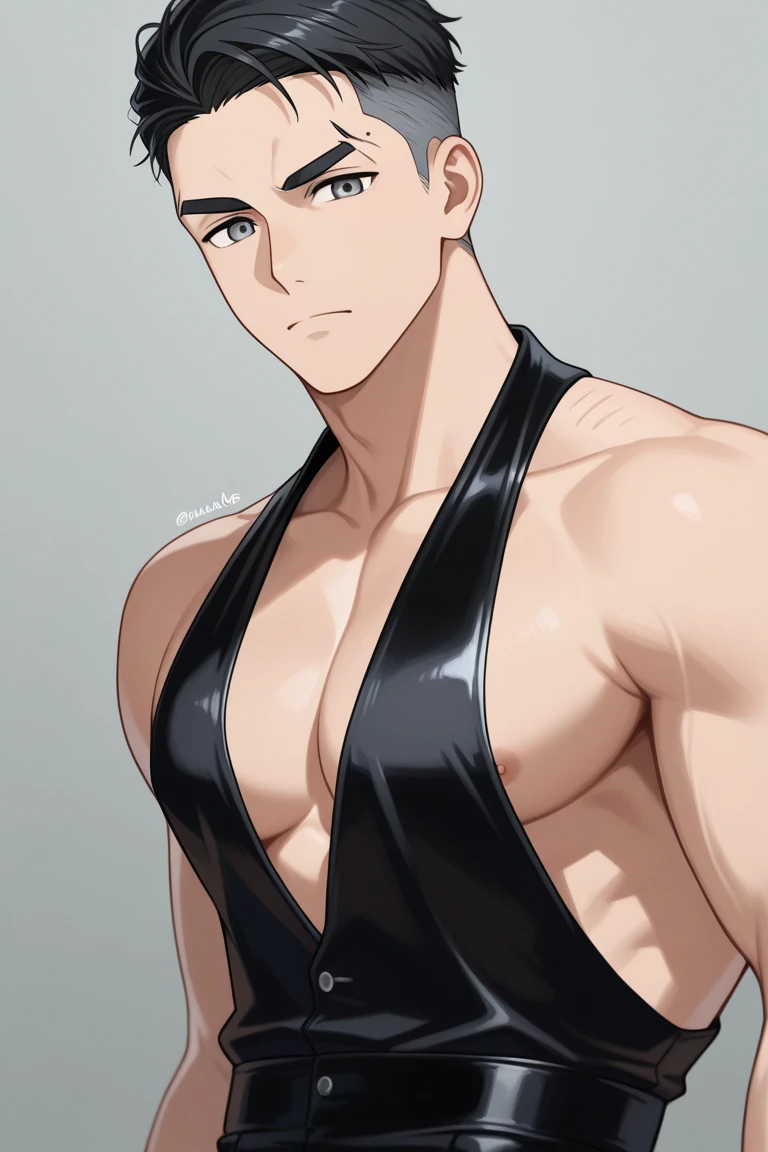 Anime man with short purple hair, Purple-eyed man, bangs bangs, one piece swimsuit, clothing:High-cut swimwear, High legレーシングスイムウェア, Man in swimsuit, 黒いHigh legレーシングスイムウェア, in the anime film, TV Anime Style, Man in a black tank suit, Official Anime, male focus, wearing a swimsuit, Seductive Anime Men, Swimsuit, one piece swimsuit着用, High leg, Swimsuit for swimming competitions, Bare shoulders, bare legs, bare arms, bare thighs, a fully erect penis, covered male reproductive system,