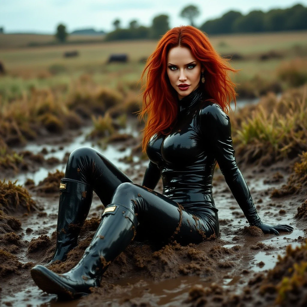 thoroughly drenched beautiful sultry red head woman ((35yr old)), ((35year old woman)), (((shot from above))),  (((laying on front))), (((laying on chest))), ((rear view)), ((full length shot)), legs, butt, ((athletic)), in forest, armed, ((holster)), wearing (wet black spandex leggings), ((knee length boots)), (secret agent), (army girl), (clinging sheer cotton long-sleeved t-shirt), thoroughly drenched, very wet, ((soakingwetclothes)), ((slippery)), slick, sticky, swamp, clinging to chestline, wet hair, wet chest, wet body, wet face, (nobra), (no bra), cold, carnal, ((Same character)), (full body), (((multiple views of the same character))), wide shot, atmospheric perspective, masterpiece, best quality, ((top view)),