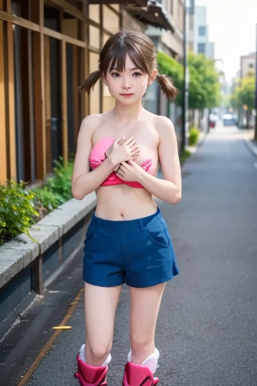 short pigtails hair, (Best Quality),(masutepiece:1.1), (Beautiful 12 year old Japan kids girl), (flat-chest),
(Chiseled face:0.7), (hitornfreckles:0.6), Cute lips,
natural soft light,
Provocative ,Smile,
(flat bangs:0.6),
(Pink Beach Cover Up), (Green Floral Shorts),
(In the back alley), (skipping rope),