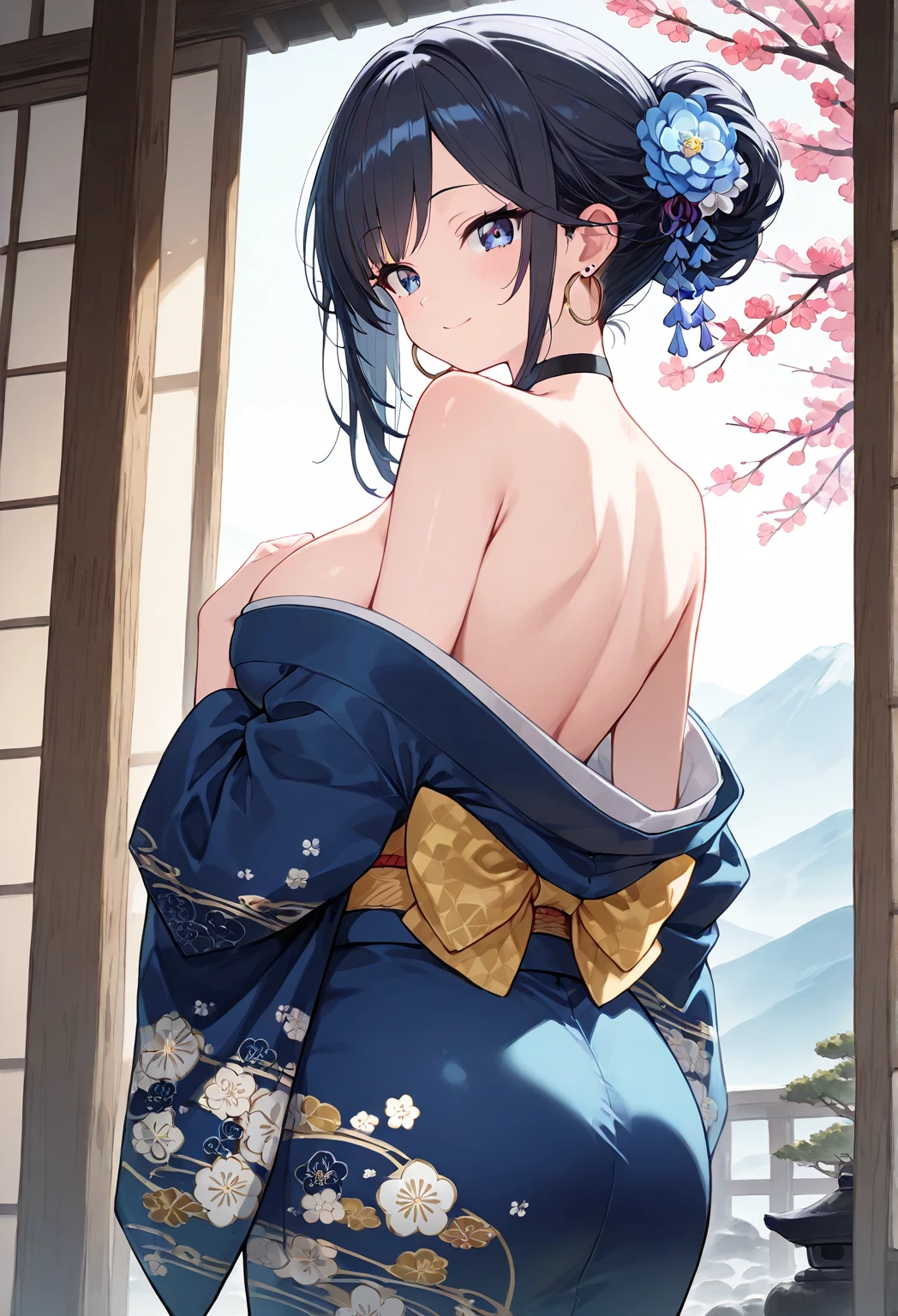 (masterpiece:1.2), (best quality:1.2), cowboy shot, view from behind, 1girl, large breasts, sideboobs, shoulder blade, black hair, high ponytail, seductive pose,
<lora:MahoukaMiyuki-v1-04:0.3>, ChopioMiyuki, blue eyes, looking at viewer, blush, smile, in the park, under cherry blossom:,
off shoulder blue kimono, kimono BREAK (snowflakes printed:1.4), kimono BREAK _