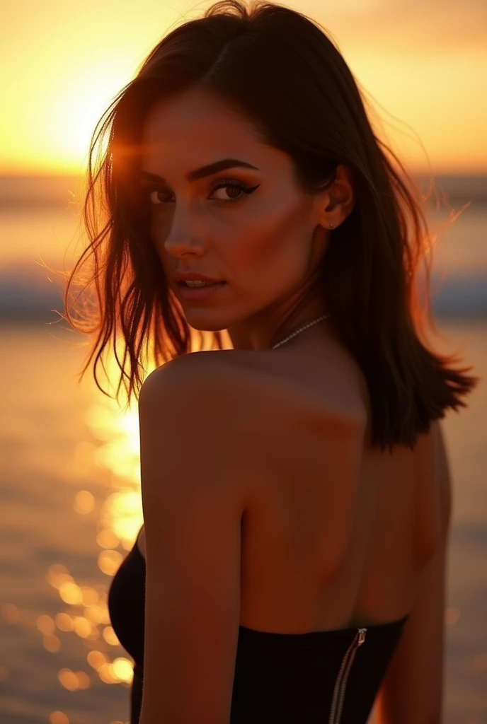Draw a picture, (photorealistic:1.4), (hyperrealistic:1.4), (realistic:1.3), (smoother ((tropical sunset)) lighting:1.05), (increase Fujicolor quality:0.9), (absurd: 1.3), (best quality), (ultra sharp), RAW photo of (phenomenal model, 2), (ultra detailed, ultra realistic, hyper realistic, 8K, ultra highres:1.2), realistic lighting, backlighting, light on face, ray trace, (brightening light:1.2), (Increase quality:1.4), (best quality real texture skin:1.4), finely detailed eyes, finely detailed face, finely quality eyes, BREAK (Brown) [sparkling eyes], [long eyelashes], Double eyelids, (looking at viewer), slim, well-muscled body, medium ass, very detailed hair, (( (light) brown short ((side bangs)), extremely detailed)), (Increase skin texture beauty:1.1), (light makeup, [pink lipstick], eyeliner:1.2), small diamond earrings, a gold pendant above her full breasts:1.2, velvety tanned skin, small mole, ((side shot)),((from the Knee Up)),