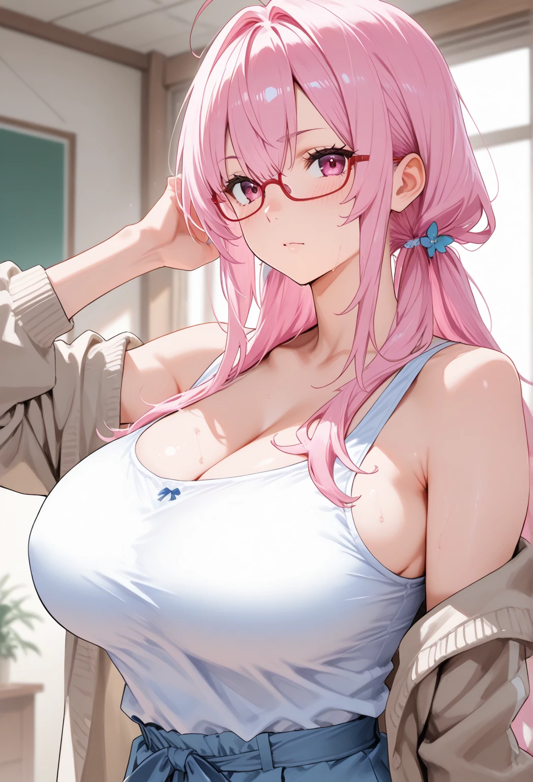 hyper-realistic 8K CG,detailed face, Flawless, full body,long pink hair, huge tit,Huge breasts,A sagging breast,long legs,Slim,being thin,Lower chest position,Swollen breasts,crisp breasts,Breasts during lactation,Lactation,Tender white skin,squeezing breasts,A sagging breast,oversized-shirt, shirt, areolas, two arms, (without bra), (without panties), glasses
