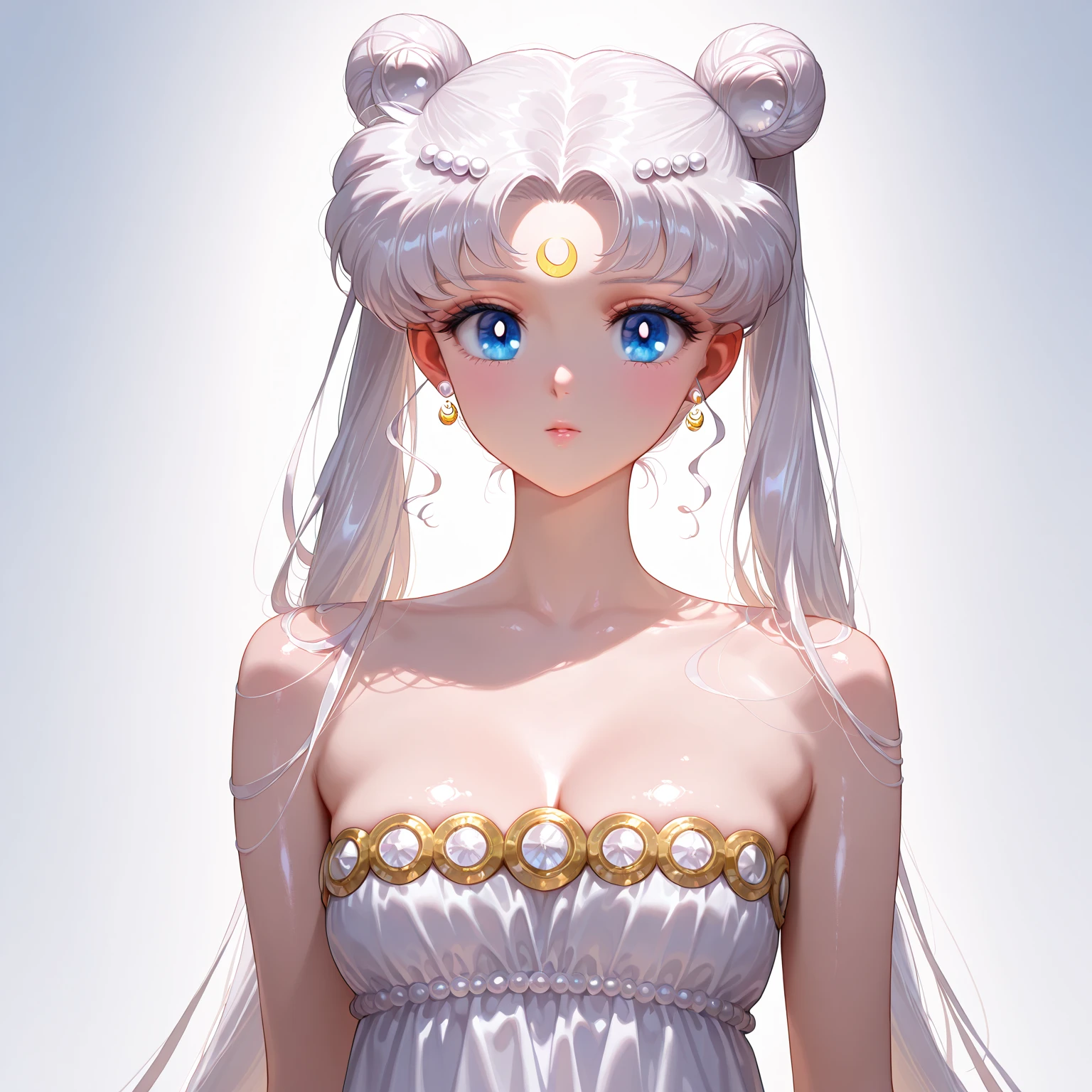 masterpiece, best quality, 1girl, solo, <lora:princessserenity-sm-richy-v1:1> princessserenity, white hair, hair ornament, forehead mark, earrings, white dress, standing, parted lips, blush, looking at viewer, arms at sides, bead bracelet,