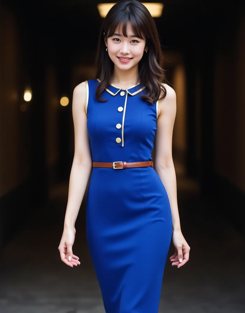 A highly realistic full-body image of a young girl standing outside a fancy restaurant. The girl has a radiant smile with large, expressive brown eyes, fair skin, and black hair styled in an elegant updo. She is wearing a chic blue cocktail dress with a fitted waist and knee-length skirt, paired with black high heels. She stands with one hand on her hip and the other holding a clutch purse. The scene conveys a sophisticated and elegant atmosphere.