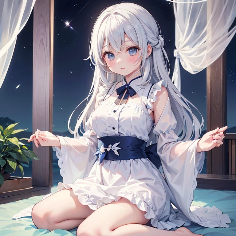 Masterpiece, Top Quality Anime Illustration, Super Detail, One Girl, Solo, Beautiful Girl with Silver Hair, Anime Loli, Cat Ear Loli, Light Color Light Blue Yukata, Length Super Short Yukata, Sleeveless, Smile, Bare Skin Side Breast, Thigh Focus, Butt Focus, Onsen