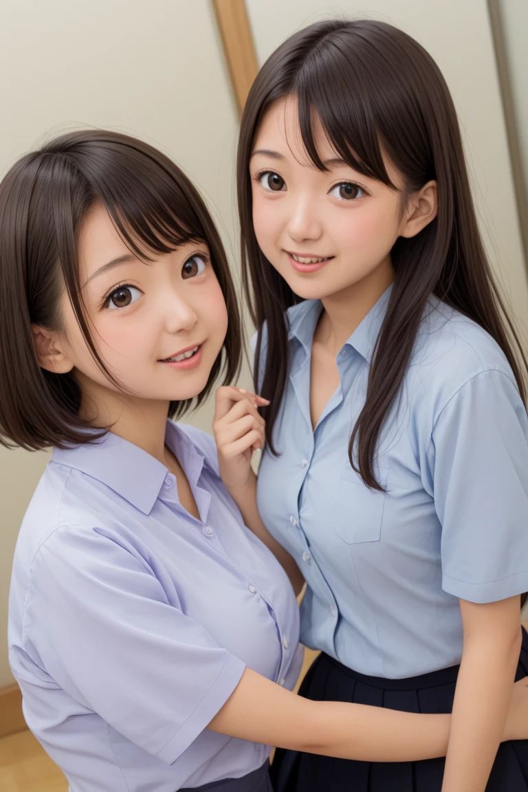 2 girls, office, (standing:1.1), 22-year-old, (Small breasts:1.3),(skinny:1.2),(short sleeve blue sweater:1.2),AKB48,nogizaka46,smile,beautiful girl,highest quality,High resolution,be familiar with,perfect anatomy,beautiful and fine eyes,office Chair,office Desk,laptop,bob cut,(smile:1.2),(open legs:1.3),(fullnude:1.8),(show pussy:1.6),(cowboyshot:1.2),