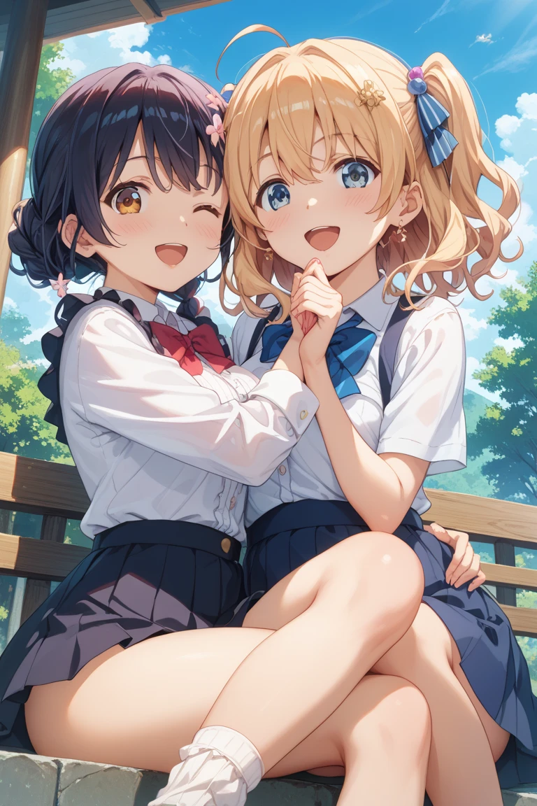 Masterpiece, highest quality, high resolution background, bright and beautiful atmosphere, 2 girls (2 years old, 1 short-tempered round face), 1  (hair, surface effects), small breasts, behind the school building, near the school gate, Girl in sailor suit, surprised expression, elementary school boy pulls girl's skirt up, white underwear visible, NSFW, legs slightly raised, "deltamon_sdXL :0.73) >Deltamon"