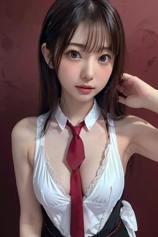 ribbon bra, 1girl, breasts, solo, grey hair, navel, blush, large breasts, mature female, underwear, long hair, panties, areola slip, bangs, collarbone, thighs, highleg, hair between eyes, patreon username, sweat, highleg panties, stomach, red bow, cleavage, raised eyebrows, hands up, skindentation, <lora:RibbonBraV1:1>,, masterpiece, best quality,incredibly absurdres, 1girl,