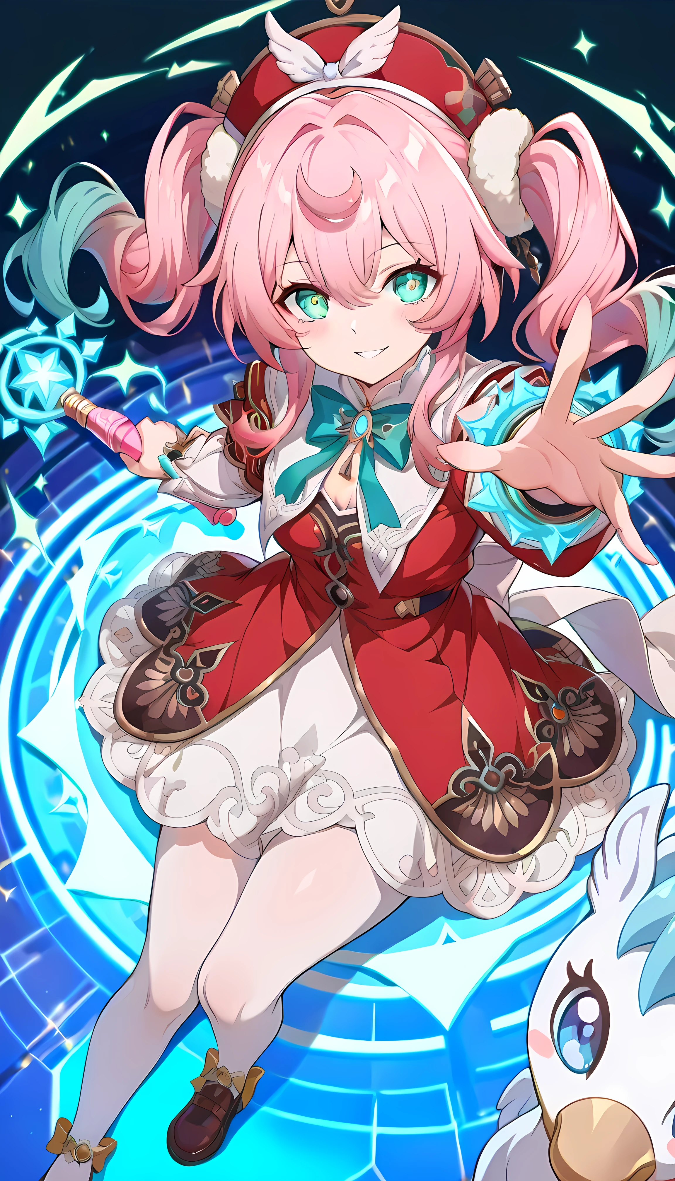 score_9, score_8_Up, score_7_Up, BREAK source_anime, (masterpiece), (Top quality), hyacine \(honkai star rail\), (blue magic wand in one hand, Magic Rim, Pegasus mascot character, from above:1.4), 1girl, pink hair, solo, twintails, multicolored hair, dress, long sleeves, red headwear, pantyhose, gradient hair, white pantyhose, looking at viewer, hat, long hair, bow, red dress, hair between eyes, aqua eyes, puffy sleeves, parted lips, blue hair, sidelocks, puffy long sleeves, bowtie, BREAK, Smile, shiny eyes, anime, Fascinating, Erotic, shiny skin thighs, Sexy, (cute illustrations:1.3), (high chroma:1.3), cute face and eyes, dynamic lighting, extremely detailed background description, BREAK masterpiece, Top quality, amazing quality, Very Aesthetic, high resolution, ray tracing, high resolution, 4K, 8k, , High image quality, Top quality, that' s ridiculous