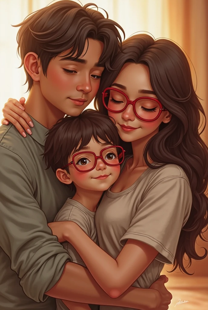 A young woman with long dark hair wearing glasses is hugging a boy with light brown hair and fair skin wearing glasses.