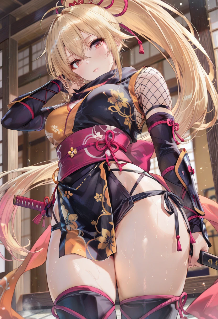 absurdres, highres, ultra detailed, manhwa style, (monochrome), 1girl, ((samurai mask on face)), dark Golden hair, short hair, red eyes, closed mouth, (completely ), ass, back, sitting, (from behind, looking at viewer, looking back), Japanese bamboo jungle trbackground, {{{{ultra sharp}}}},HDR, ultra realistic, jewelry, breasts, Tadhla, <lora:Tadhla:0.7