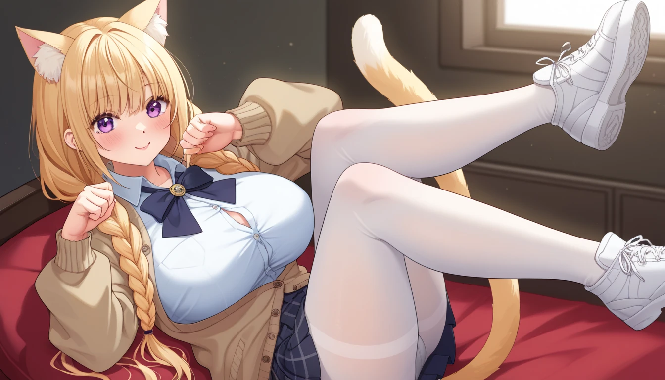 (hyper realisitc), (illuminations), (A high resolution), (8K), (The content is very detailed), (Best Best Illustration), (beautidful eyes), (Best quality), (ultra - detailed), (tmasterpiece), (Wallpapers), (Detailed faces), Alone, (dynamicposes), 1 girl, White wavy hair on chair, korean people, heterochromatic eyes, There is a small mole under the eye, ((Short apron)), higher breasts, legs long, Tighten abs, (Camel toes), (), (No bra wearing),lifting up skirt,Can see underwear,white see-through panties,Tight,Cat lady,Lie down,Bigchest,cat ear,Stroke your butt,Cocked buttocks,Big buttocks,loose socks,lift thigh,Lift up your clothes,Half of the chest is exposed,Open the thighs