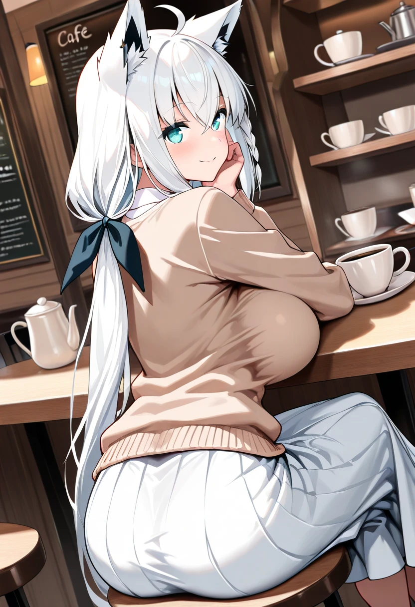 ShenheV4, Shenhe wearing sweater, (virgin killer sweater, sleeveless), smile, (solo:1.1), (mature woman:1.2), beautiful face, blush, (detailed eyes), symmetric eyes, glossy lips, long hair, grey hair, braid, (hair over one eye, hair ornament), beautiful round breasts, voluptuous body, slim waist, (masterpiece, best qualty), soft ambient lighting, standing, back view, cafe background, window, vivid colors, sunny day, looking at the viewer, HD, 8K, vivid colors, intricate, (absurdres:1.2), blurry_background, (sharp focus), (detailed face), (pov ass), ass close-up