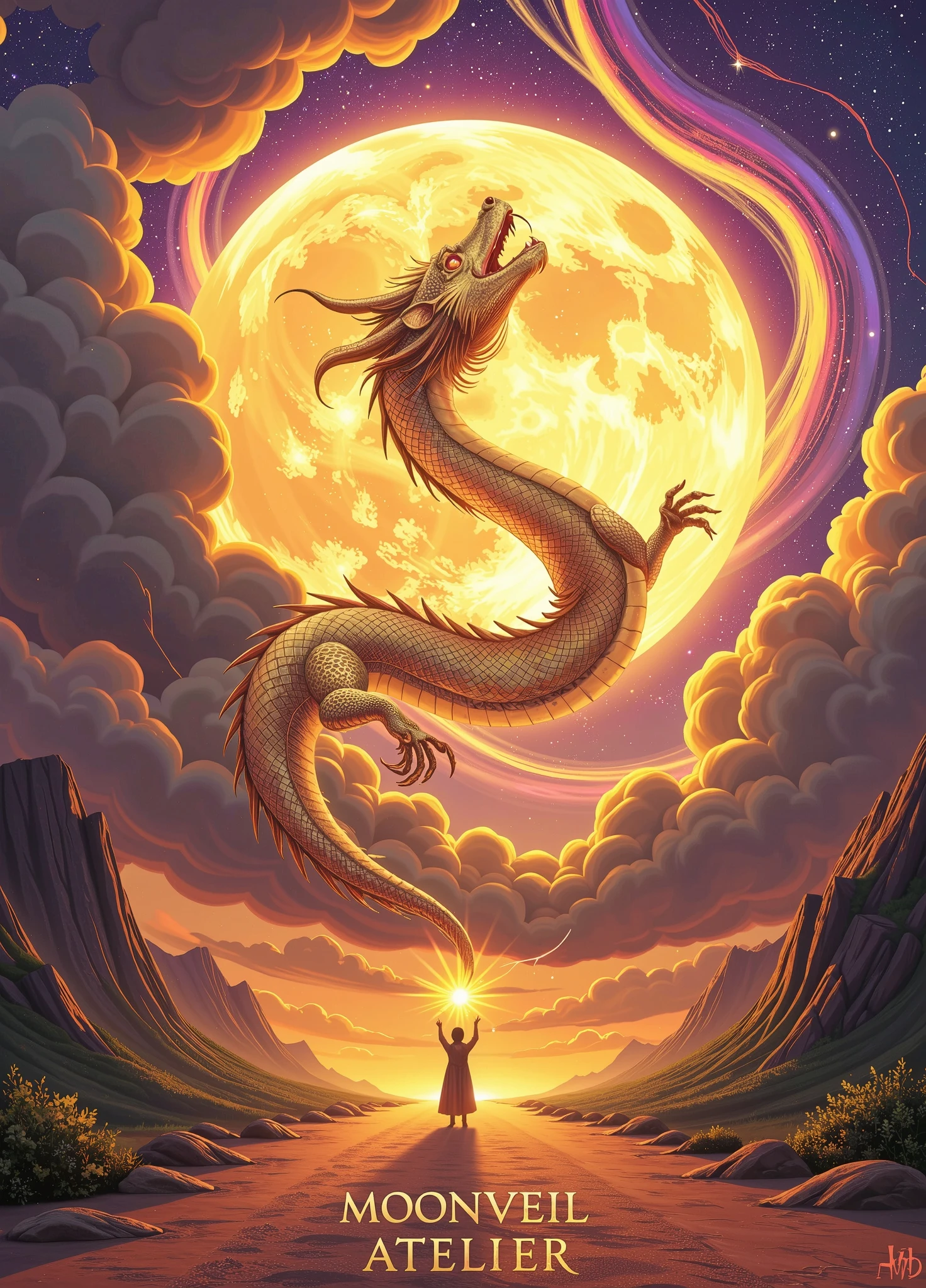 A majestic oriental dragon, shines with shimmering golden scales, is spiraling gracefully through a fantastic sky drawn in various shades of gold and yellow. That slender , has a snake-like body bends gracefully, delicate, It has a whisker flowing from its head and rich mane, enhances the royal exterior. } The dragon's shining eyes and open mouth give it a wise and powerful presence. It holds up an intensely shining sphere high, reflects the light of the full moon in the background, It is partially obscured by a swirling pattern, Rainbow Clouds. The scene is a warm, Golden Light, A mystical and awe-inspiring atmosphere. at the bottom of the image, text "Moonveil Atelier - Beginning" is elegantly decorated, suggests elements of fantasy or story. The overall composition strangely evokes an unearthly beauty.