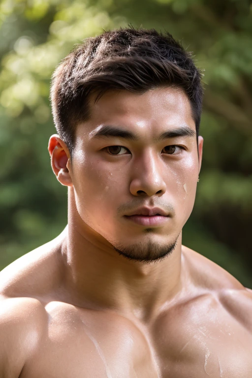 A chinese man with blue mists surrounding his eyes. Hunky, beefy, muscled, wide, hunk, hairy, very hairy chest. There's a unnatural diamond-blue glow in his eyes