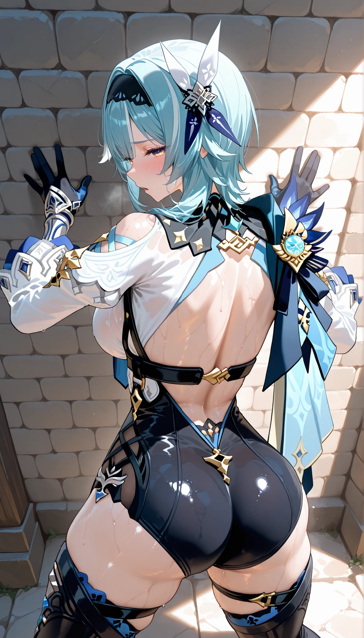 score_9,score_8_up,score_7_up,1girl, solo,blue eyes, white hair, braided ponytail, large_breasts, vision_\(genshin_impact\), absurdres, highres,medium hair, blue hair, gradient eyes, yellow eyes, black hairband, hair ornament, blue necktie, (blue cape on her right shoulder), long sleeves, wide sleeves, black gloves, high-waist shorts, black leotard, black thighhighs, Eula_\(genshin_impact\), looking_at_viewer,(Spreading Legs:1.4),Standing on the floor,((Both hands hold the grey Stone wall)),(In a stone Jail),Torogao,blush,heavy breathing,Shiny Skin,Sweaty Skin,big butt,(Cowboy shot),(From Back:1.7),((look at the view))
