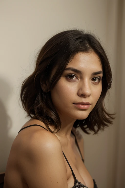 1 16-year-old girl, Sola, pelo corto, senos grandes, mirando al espectador, pelo rubio, Brown eyes, joyas, cuerpo completo, collar, escote, labios, Realista, nariz, flirting with the camera