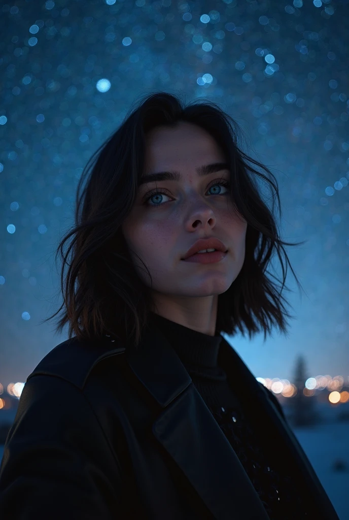 photo of kr1st3nst-1000:0.99, a woman with ((short hair)),((pale skin, gorgeous black hair)), ((cowboy shot, waist, hips, thighs):1.2), ((turtleneck sweater dress):1.2),((walking,outdoors, at night):1.2),((detailed face, beautiful face, detailed eyes, beautiful eyes):1.1), ((lipstick, eyeliner, eye shadow):1.2),((best quality, masterpiece, extreme details):1.2) ((detailed eyes, detailed face):1.2), woman, solo, beautiful, sexy, full body, looking at looking at viewer, magic colorful forest,fluffy tree, blue sky,mountain,4k, concept art,oil painting, realistic trees, beautiful, green grass, fog, stars, supernova, stars at sky, magical, night, dark,big galaxy,glowing stars, star light, falling star,comet, lake,water, reflection, adorable, (extraordinary:0.6),