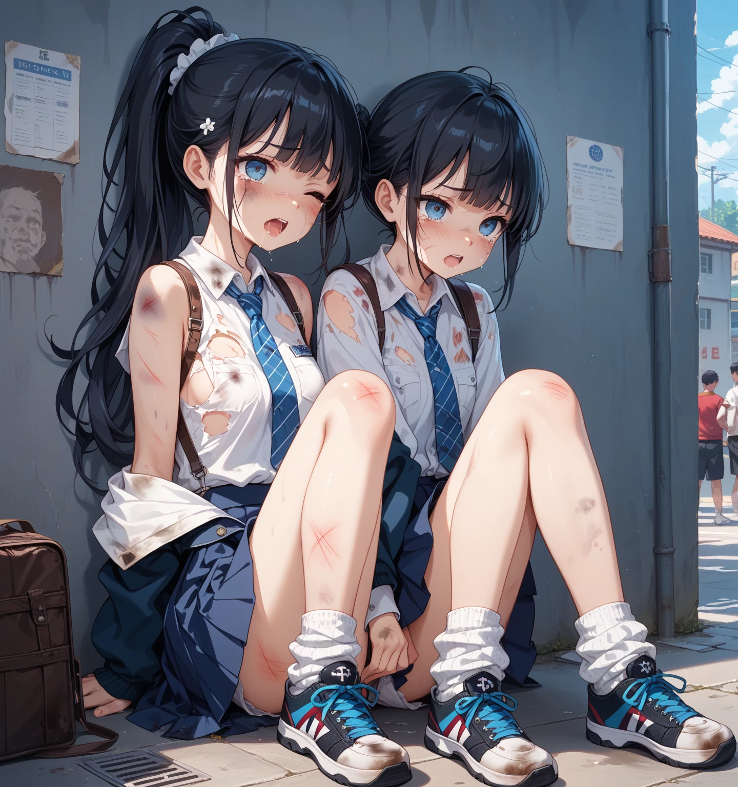 (Best quality, 8k, 32k, Masterpiece, UHD,:1.2),RAW, 2girls,ultra cute , natural lighting,transparent shining eyes, 20yo,medium breast ,fair complexion ,flushed face,dynamic Lighting, on stairs, ((school uniform)), crawling position on their hands and knees, closing legs, loafers, nsfw, halfway up the stairs, shiny, show off panties, White or blue panties