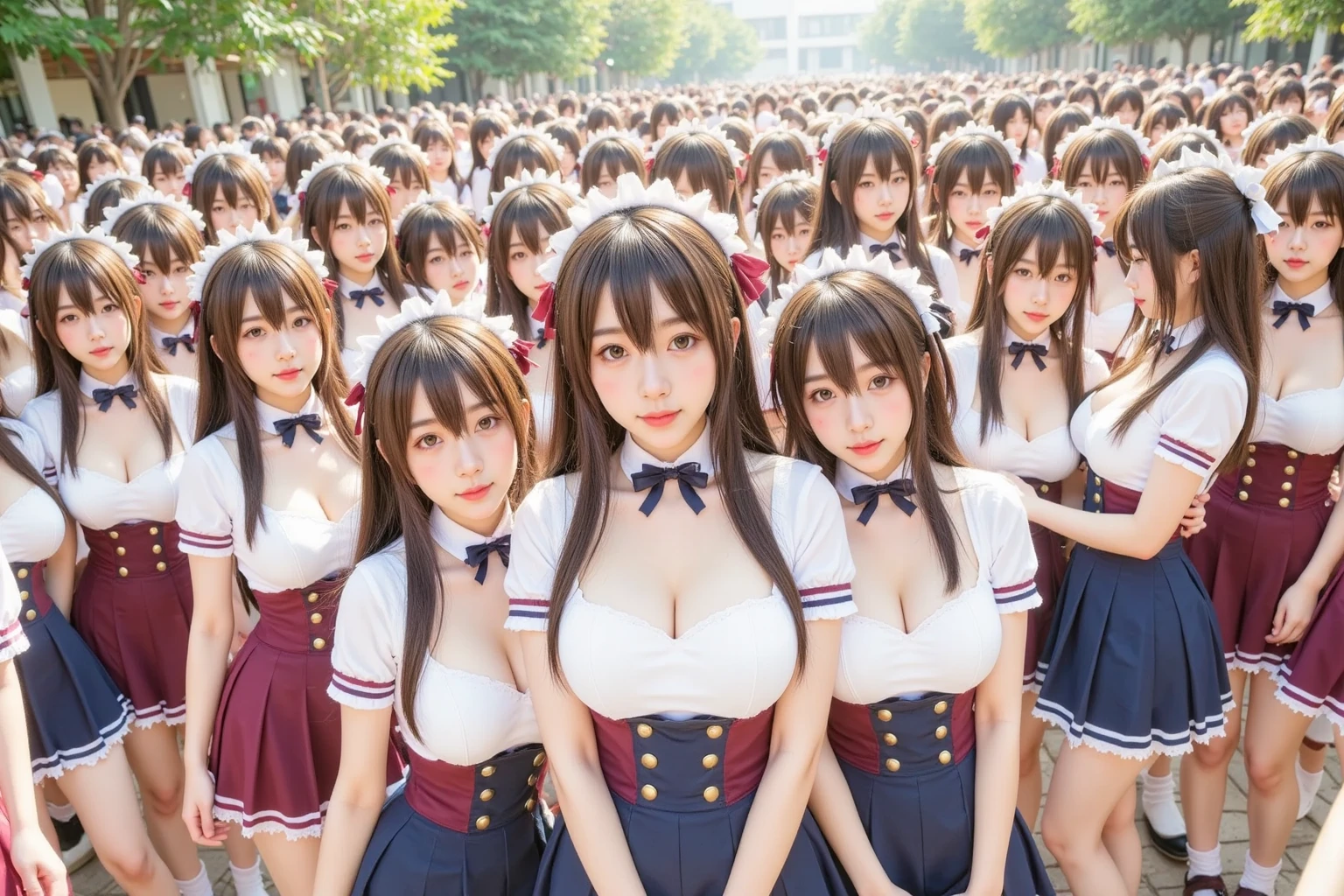 a picture、(((multiple girls))),((((6+girls)))),((((100girls)))),(((1000girls)))、((((100 Girls))))、(((crowd shot))),((((Gigantic Breasts))))、Women only、The same face、School Uniform、12 years old、Long black hair、100 cute girls、a smile、selfee、schools、Raw photo、(((Large group)))、a junior high school student
