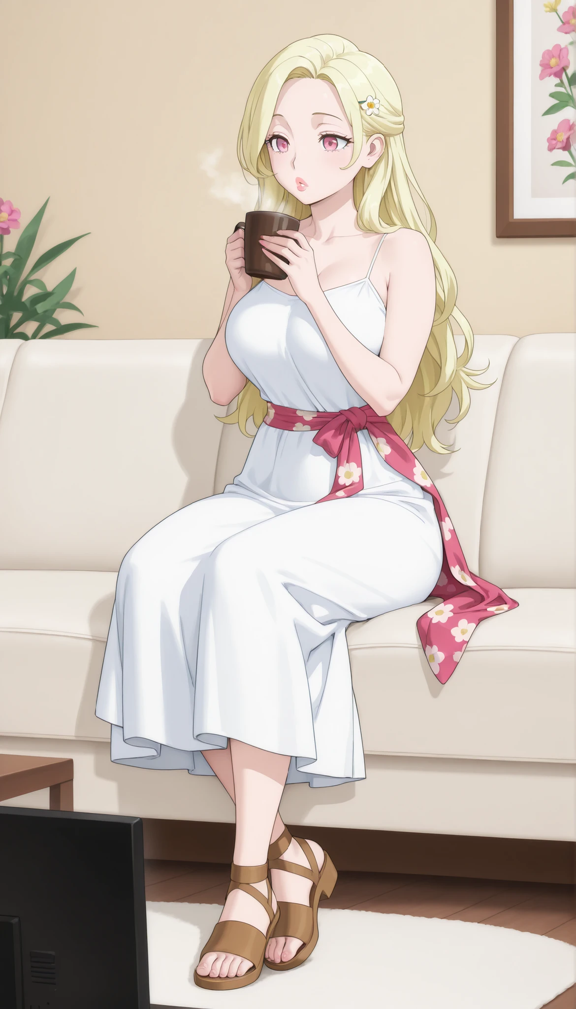 A mature extremely beautiful woman with straight long yellow-blonde hair, extremely fair white natural skin, big pink eyes, red plump glossy lips, a small waist, medium-sized breasts, and a perfect slim yet curvy body. She's only wearing a long ankle-length deep-yellow plain dress with spaghetti straps and a floral sash around its waist, a flower clip in her hair, and brown sandals. She's sitting on a couch, watching TV, drinking coffee, and has a plain expression. Show her full body and super hyper-detailed.