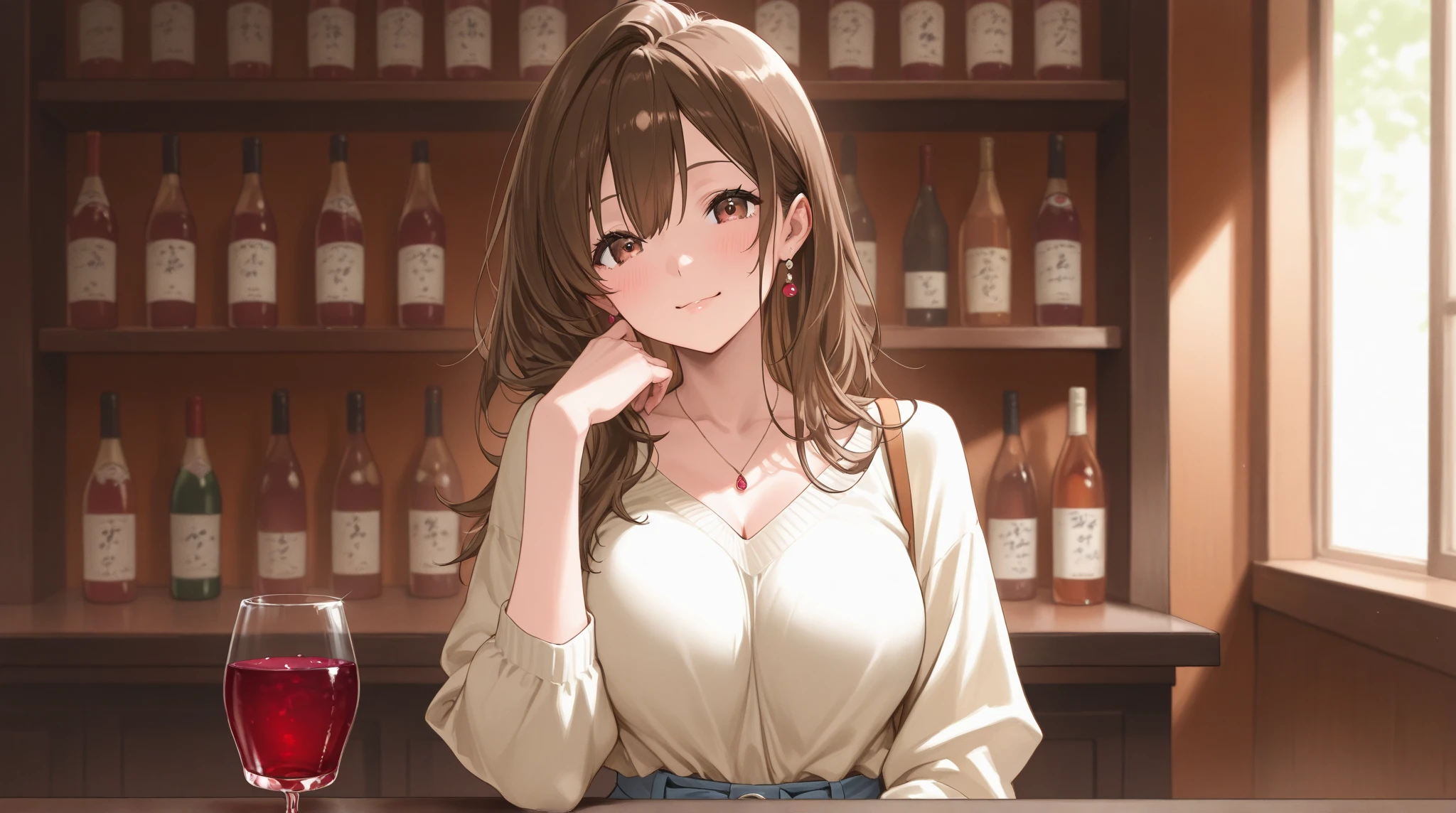 Gal、Short, light brown hair、Large Breasts、Wearing a sleeveless dress、Face smiling happily、Bar counter、Around 25 years old、Anime style illustration long hair,