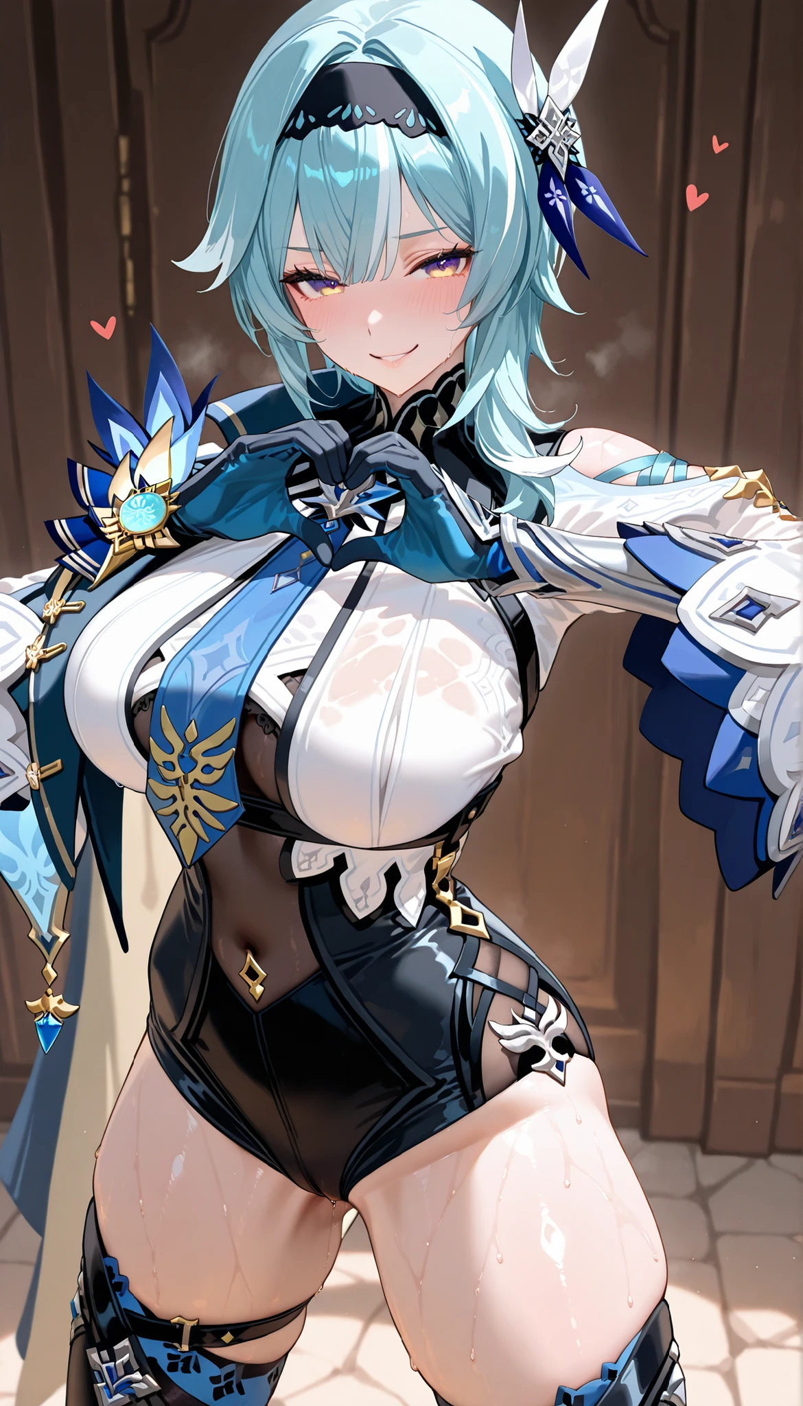 (masterpiece), best quality, expressive eyes, perfect face,1girl,ganyu,genshin impact,((light blue and white intricate luxury dress:1.5)),big breasts,(hair flower),winter,,dutch angle,(thighigh boots),light blue hair,cleavage,looking at viewer,smiles, eyeshadows, eye liner,glistening eyes, hyper detailed eyes, intricate eyes, beautiful eye, ((glowing purple pupils))、smilling face,standing,seductive pose,garterbelt,aurora borelis,cowboy shot,snow background