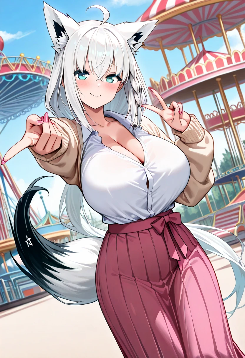 1girl, aegir \(azur lane\), azur lane \\\\\ masterpiece, best quality, very aesthetic, absurdres, newest \\\\\\ perfect anatomy, slim body, ,perfect hands, , sweat, \\\\\\ by nyantcha,,by cutesexyrobutts,by khyle ///// restaurant, , silvery white hair with a single prominent red streak , horns, , virgin killer sweater, yellow eyes, drunk,, , big tits