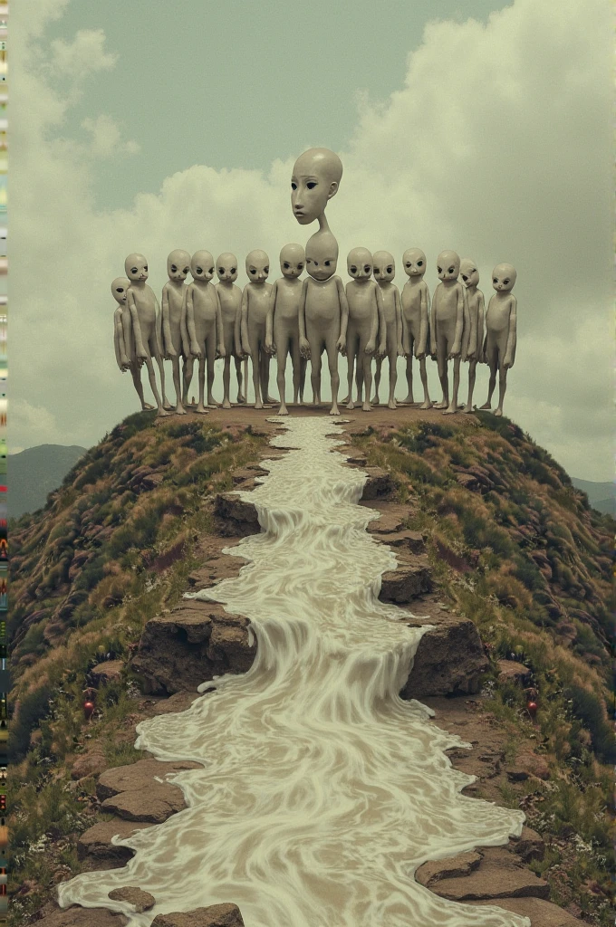 a group of alien-like creature with cloud head, mountain on the background, town, pastel colors, surreal atmosphere, dreamcore, raw photo, film grain, aerial shot, shot using 1960s camera
