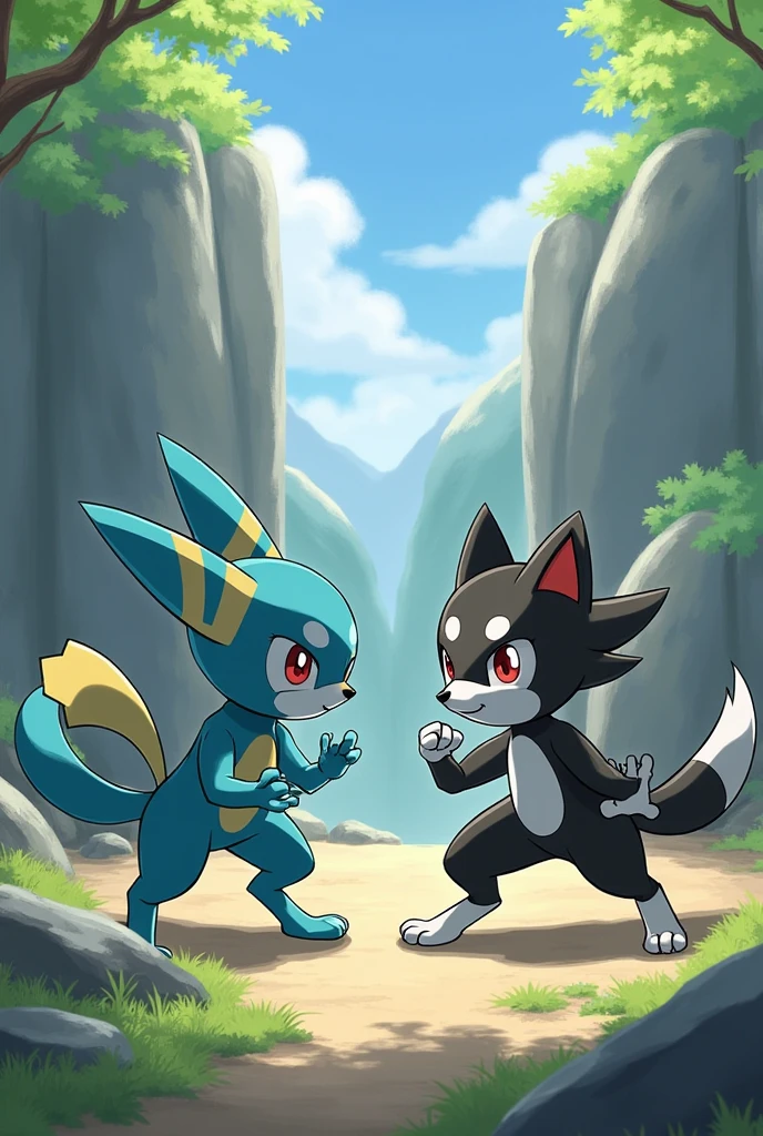 Pokemon 2v2 game, with a 5x7 board filled with tiles of different colors and at the top of the board are the 4 pokemons staring at each other