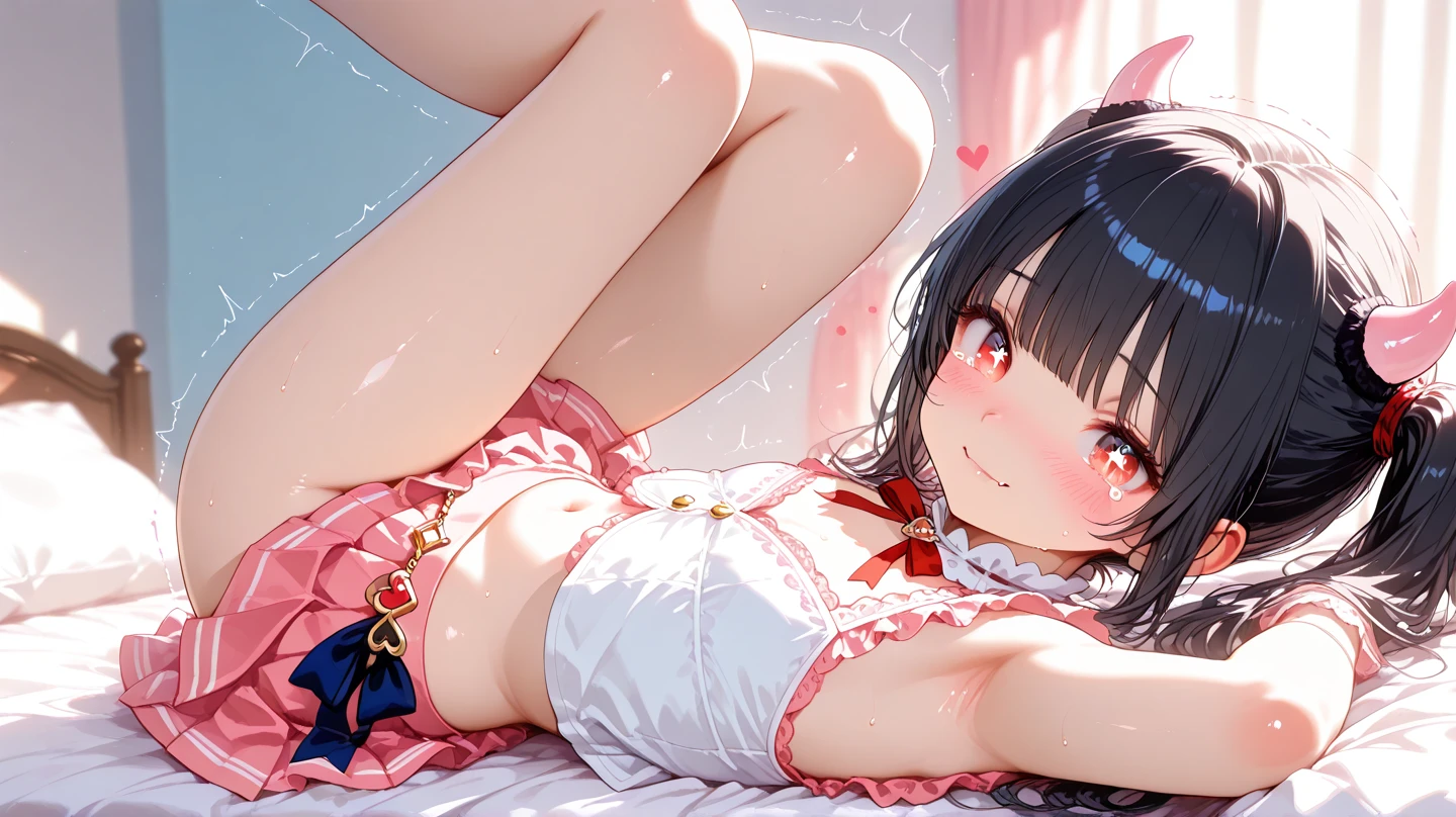 1girl,Beautiful girl at ,Japanese,,,Small and slim,Flat Chest,Small breasts,Baby Face,Small face,Black Hair,Short Twin Tails,Grey Eyes,middle School girls,Sexy Lingerie,open mouth,tongue out,Kneeling and sitting,Tie hands behind back,Beautiful and detailed anime art,puzzled look,high angle, looking at viewer, looking ahead, from above,cowboy shot,Sexy vibe,cum on tongue,On the bed