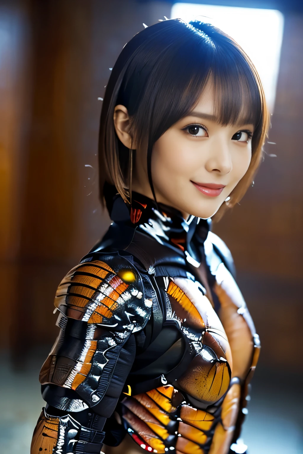 (High resolution,masterpiece,highest quality,Very detailed CG, anime, official art:1.4), realistic, photograph, amazing detail, all complicated, luster and luster,great many layers, 8k wallpaper, 3D, sketch, cute, figure,( alone:1.4), perfect female proportions,villain's daughter, (Fusion of dark brown cockroach and lady:1.4), (brown cockroach form lady:1.2), (brown cockroach woman:1.2), (Fusion:1.2), (alone:1.4), (evil smile:1.2), muscular, abs, (Cockroach brown exoskeleton bio insect suit:1.4), (Cockroach brown exoskeleton bio insect armor:1.2), (brown transparent cockroach feathers:1.4), (brown cockroach antenna:1.3),