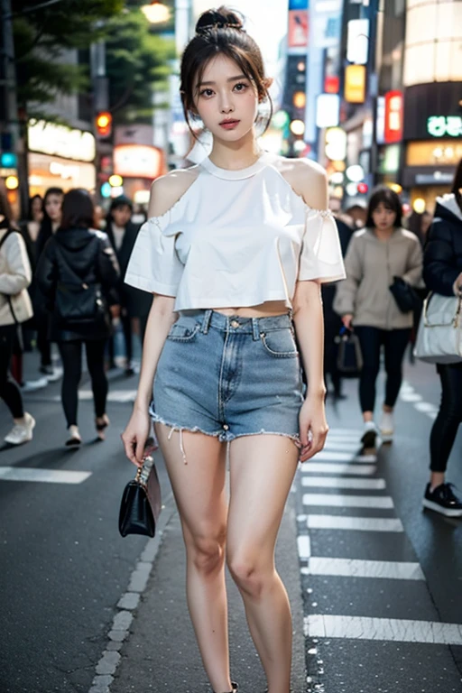 (8K, Realistic, RAW Photos, Highest quality: 1.4),Japanese idol-style beautiful girl,1 person,18-year-old,Short Bob,She has her hair tucked behind her ears,Large, clear grey eyes,Long eyelashes,(piercings(small)),(Lip gloss),lips(Plump,glossy),Tank top,light jacket,(flare skirt(Knee-length)),Long legs,Barefoot and high heels,In town,Smiling at the camera,Front view,Full body portrait