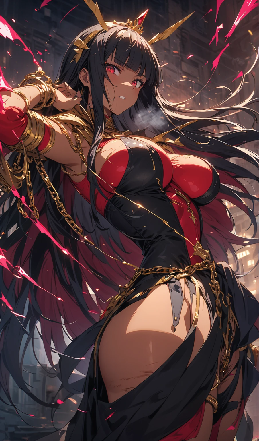 ((highest quality)),(ultra high resolution),(Super detailed),(detailed description),((best CG)),(best work of art),super precision art, great drawing art,(Art with precise details:1.5), (Fantasy medieval bikini armor 1 woman:1.5), beautiful and well-shaped face:1.5,(Beautiful skin with precise and detailed depiction:1.6),(:1.5),provocative angle:1.6,gorgeous, beautiful young woman, beautiful and flawless red colored skin, long flowing black hair, obsidian colored eyes, symmetrical face, seductive and alluring facial features, her very presence oozes seduction, S-shaped body figure, slim and narrow waist, hip level shot