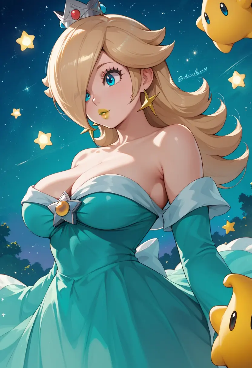 Princess Rosalina as a pornstar, super Mario Bros, Princess Rosalina, pornstar, busty pornstar, (((in a nightclub))), Hot cleavage, (((breasts Focus))),(luma star between breasts)