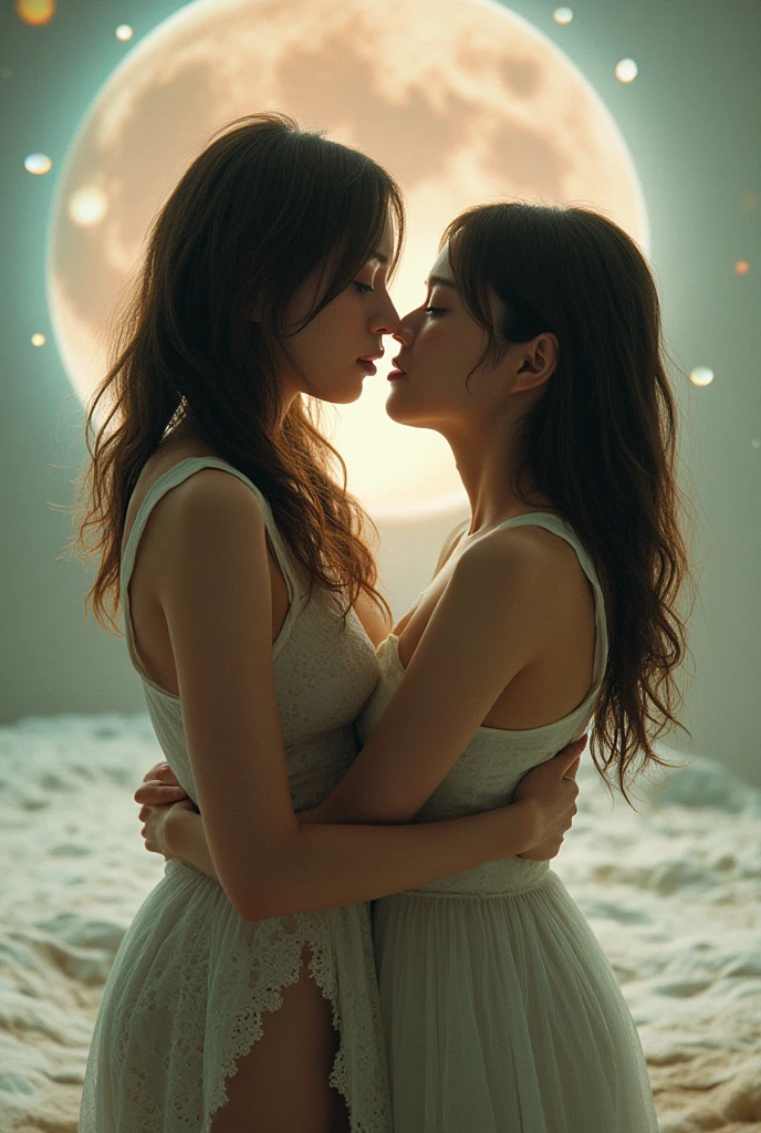 2 girls、In a dream、masterpiece、Super detailed、Starry sky background、cloud、Light and shadow effect movie effect、Colorful、((Lesbian couple))、Looking at each other、Embrace each other、(((In a kiss)))、Ultra high definition、((Ecstatic expression))、Petals Fall、Full moon night、Flowers Bloom、Blurry close-up、Depth of written boundary、Half Body、The couple is a tall curly blonde girl、One has brunette hair, Ponytail and extra long silky hair、Two people in love、form of love、