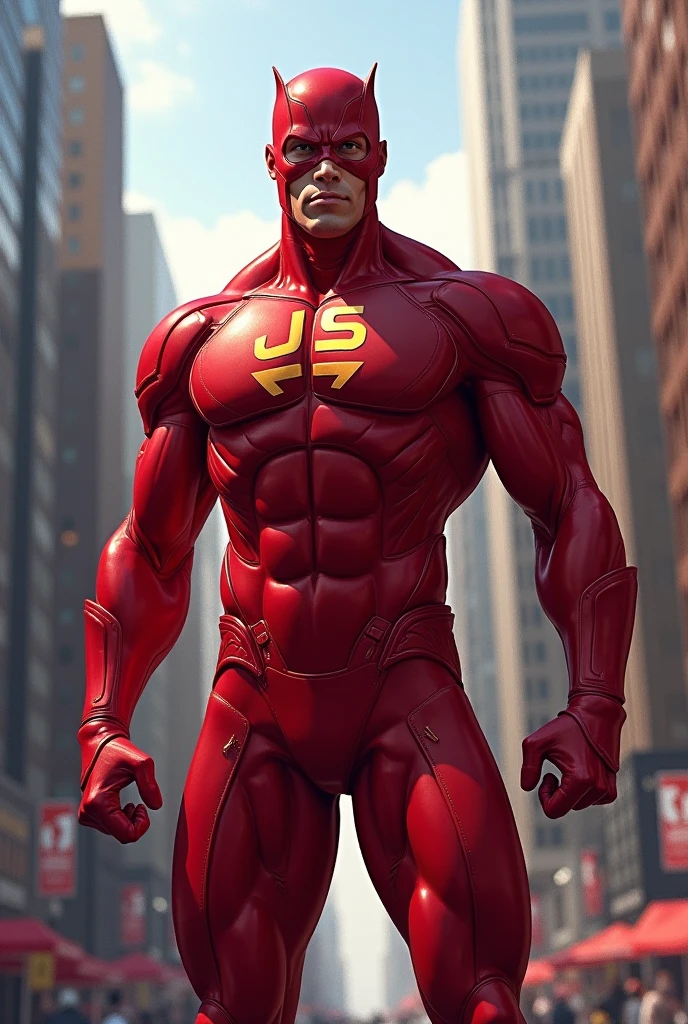 a man dressed in a superhero outfit, red and yellow clothes, with a brown cape and a meteor on the chest, red and yellow mask