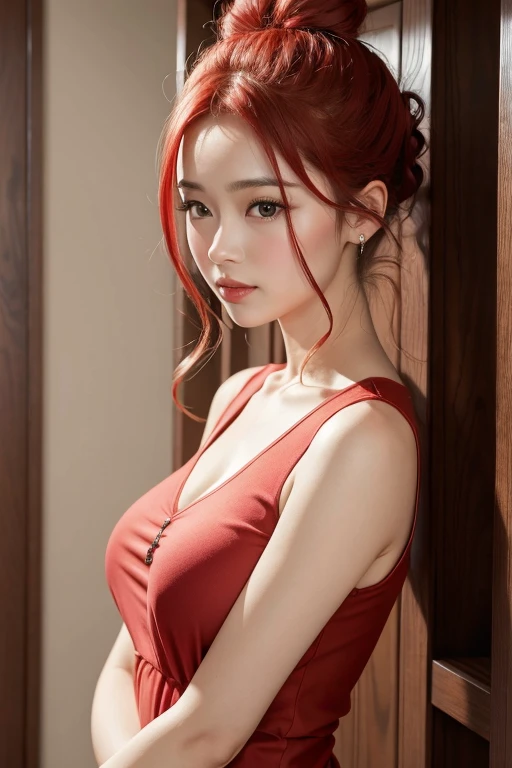 sakura from naruto shippuden anime, red sleeveless top, arm up in the air, UHD underarms, UHD armpit details