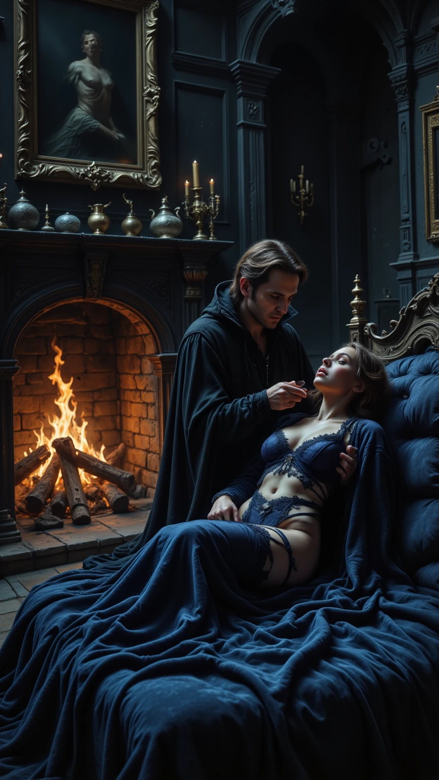 provocative Hogwarts clothes, face identical to Emma Watson, Emma Watson's abdomen uncovered and showing, young Hermione Granger, Hermione sensual pose, small Hermione, lovers, Emma Watson teenager, realistic, textured skin and clothes, kissing Severus Snape, difference in size and age,
