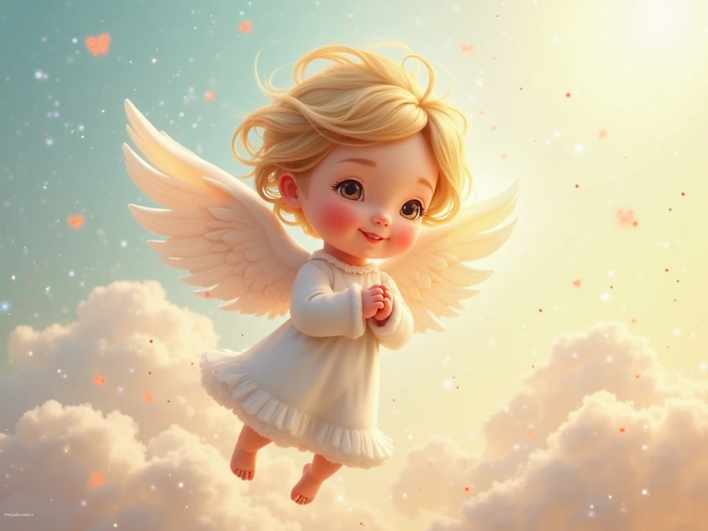 "Create an image of a guardian angel who looks like a child. The angel should have small, delicate wings with soft, shiny feathers. Dress him in a light, white robe that flows in an ethereal manner. The background could be a clear blue sky with soft clouds or a tranquil celestial landscape. The angel's expression should be innocent and welcoming, conveying a sense of protection and comfort."