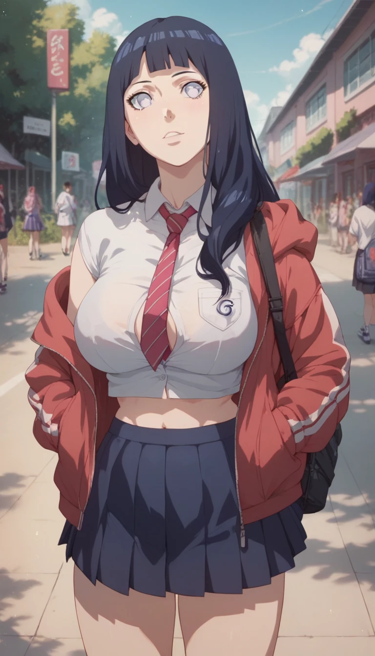 ((masterpiece,Highest quality:1.3,best quality illustration,realistic:1.3)),cowboy shot,独奏,1woman,(20-year-old、Japanese Beauty)、brown hair,long hair,center parted bangs,brown eyes,gorgeous eyes,((very small head:1.3)),shy,Heavy breathing,((very long body:1.2,skinny)),medium breasts,((tan skin:1.3)),(Red ribbon tie、White collared shirt、Long sleeve navy blue pleated mini skirt)),gleaming skin,toned body,slender body、Wet crotch、sweat,on street,Shibuya、Modern Tokyo、
