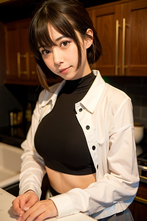 ((of the highest quality, 8K, masutepiece: 1.3, Raw photo)), Sharp Focus: 1.2, (1 AESPA Girl :1.1), Solo, (Realistic, Photorealistic: 1.37), (Face Focus: 1.1), Cute face, hyperdetailed face, (short messy hair: 1.2), Small Smile, Small breasts, flat chest, full nude, standing, from behind, (taking off her black chiffon button down shirt: 1.2), thigh, bar, cafe stand