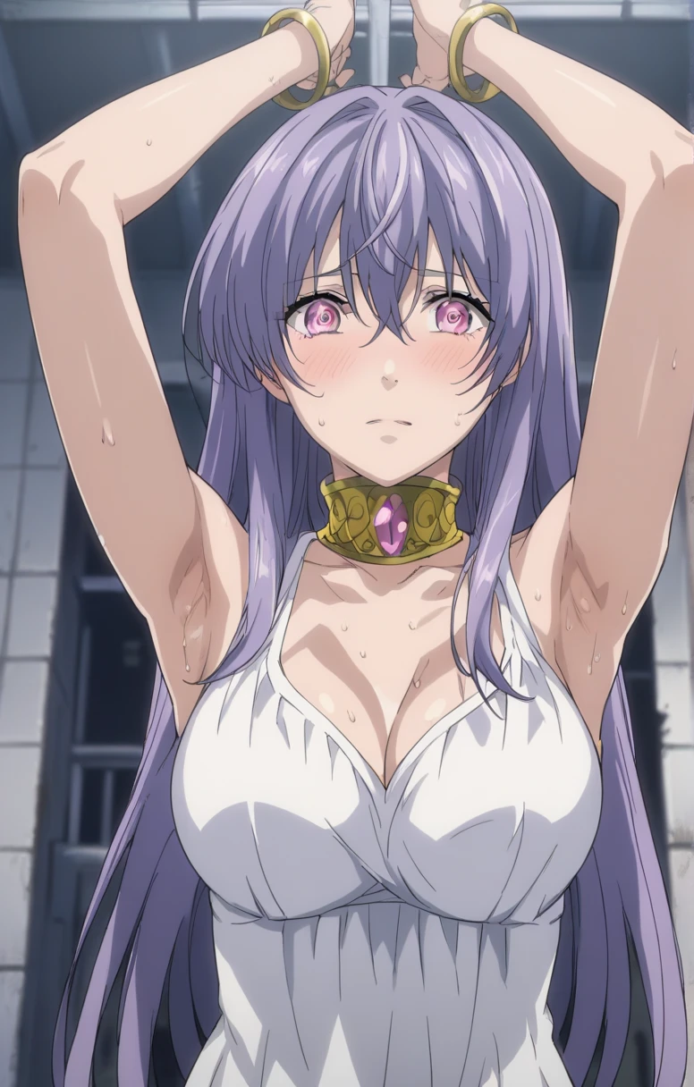 Saeko Busujima dressed as an angel, Angel costume, angel costume, alas, angel wings, alas extendidas, vestido blanco, cielo soleado, aureola, mirando al espectador,
